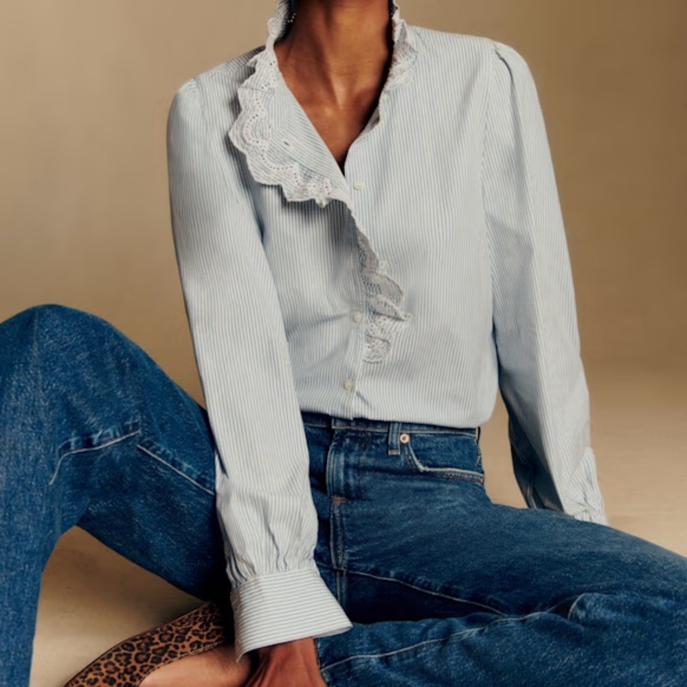 Sezane Chlo cotton blouse blue and white ecru stripe ruffle collar 32